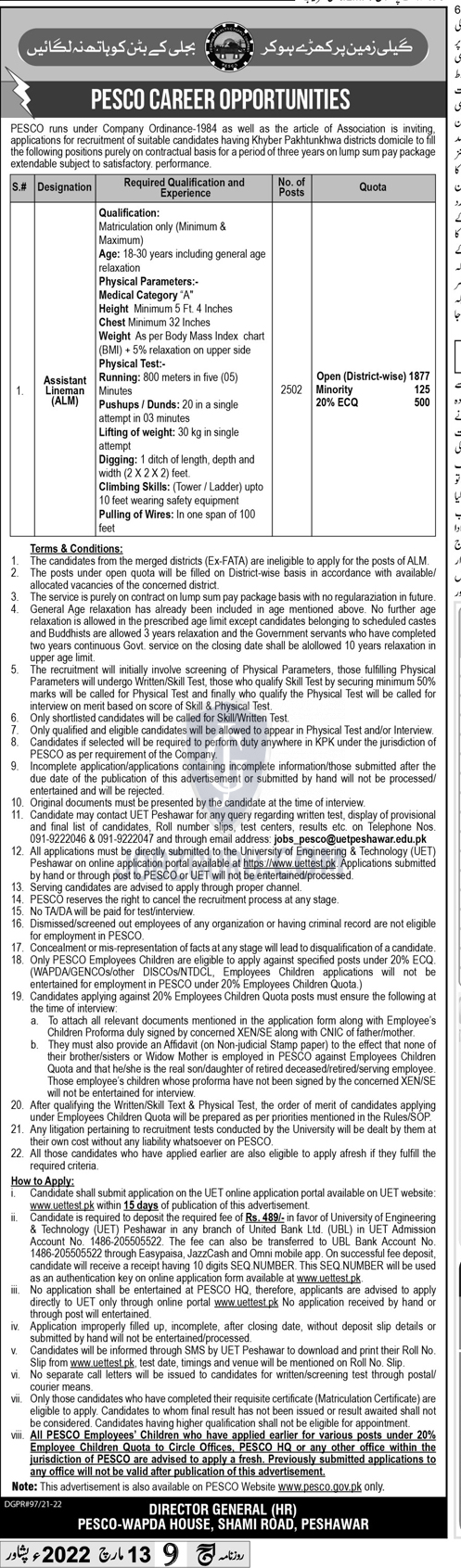 Pesco Peshawar Electric Supply Company Latest Jobs Advertisement Image