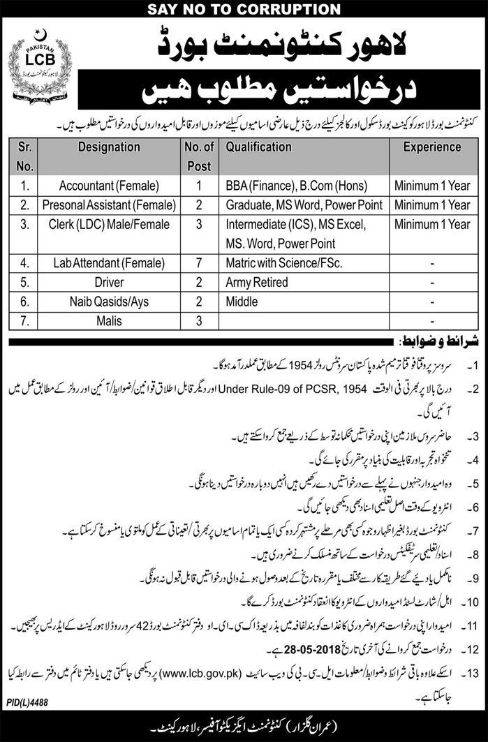 Lahore Contentment Board Latest jobs for Cantt Board School & Colleges-thumbnail