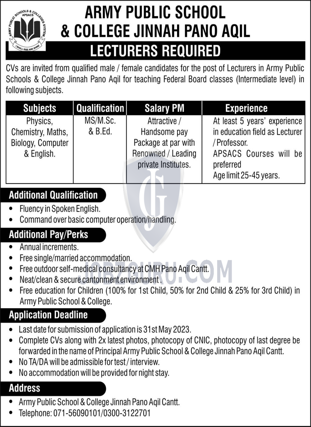 APS Army Public School and College Jinnah Pano Aqil Latest jobs-thumbnail
