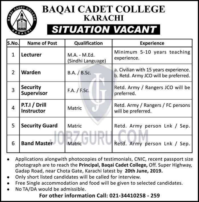 BAQAI Cadet College Karachi Jobs 2019 Sindh-thumbnail