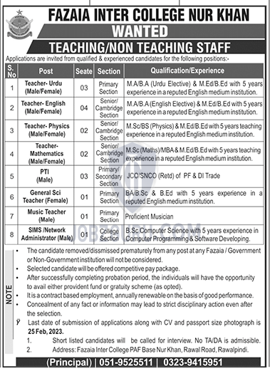 Fazaia Inter College Nur Khan Latest Jobs Advertisement Image | Jobzguru