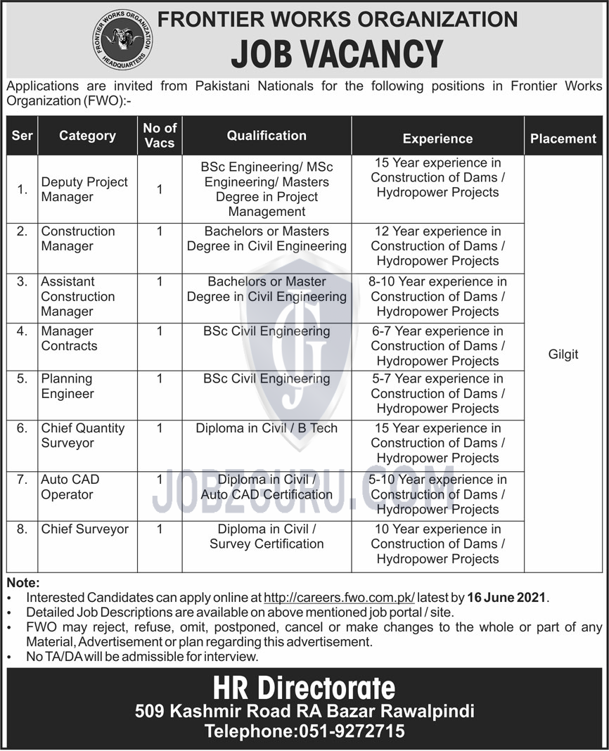 Chief Quantity Surveyor 2024 Jobs Advertisement Pakistan   FWO Latest Jobs 201622354000 