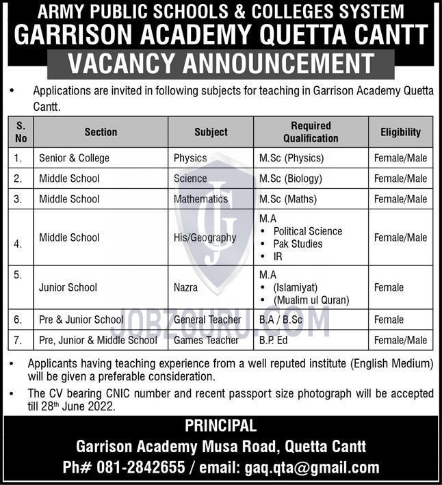 Garrison Academy Quetta Cantt Latest jobs-thumbnail