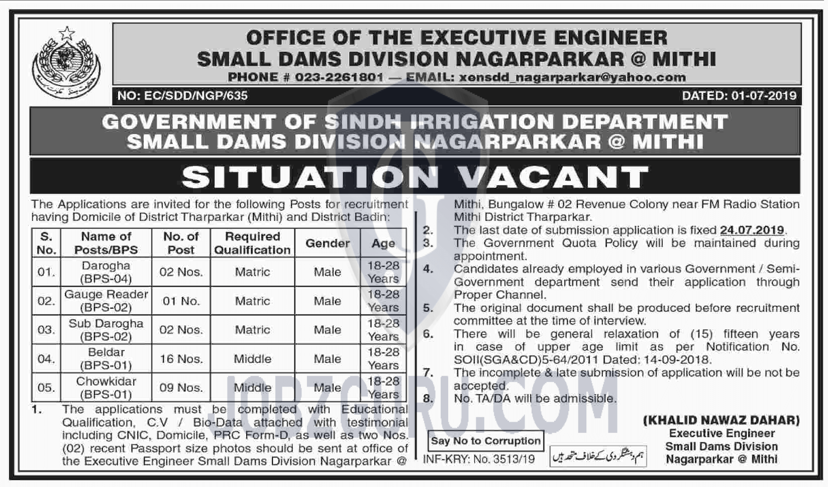 govt of sindh irrigation department jobs 2019