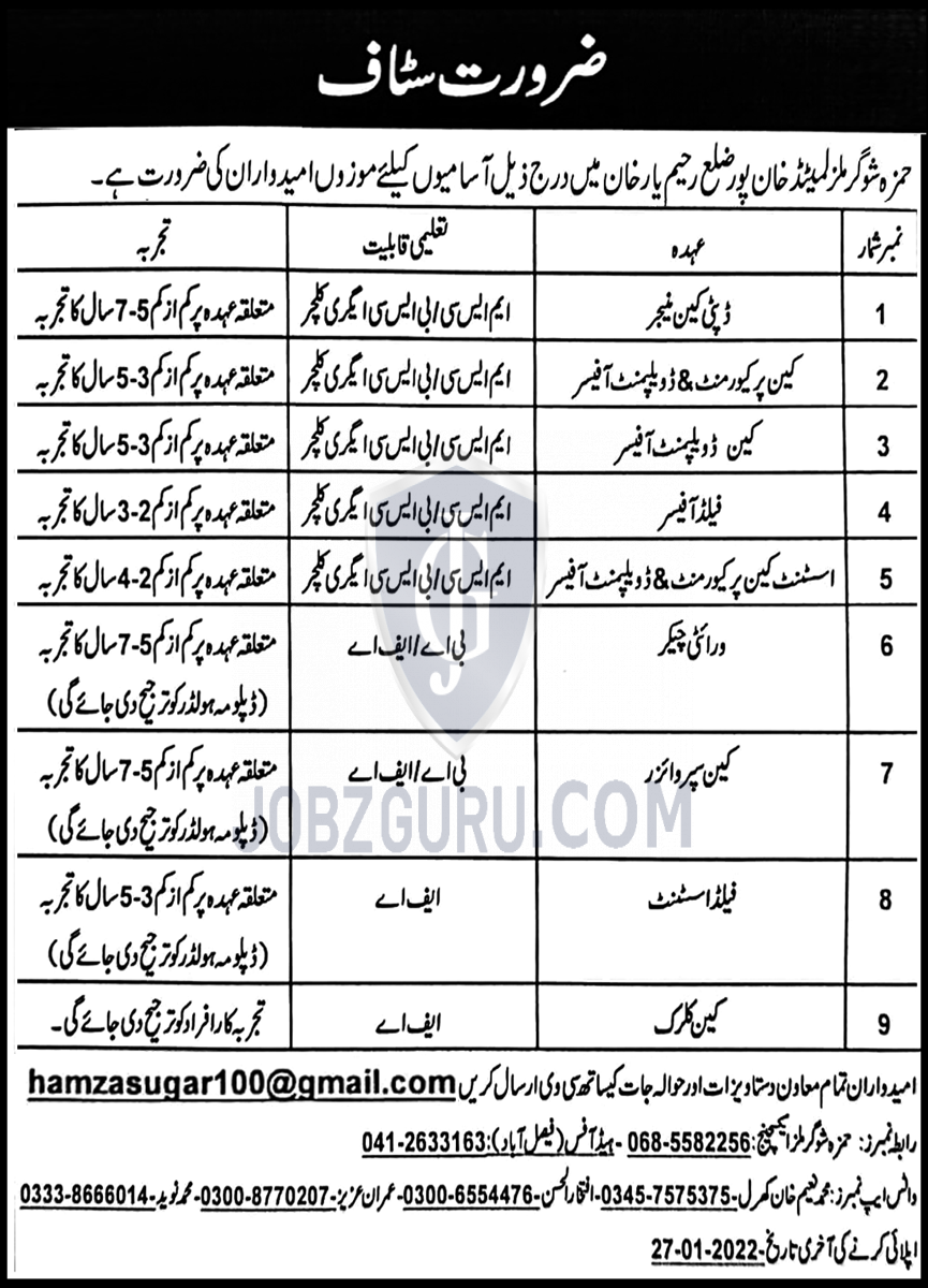 Hamza Sugar Mills Limited Latest Jobs 20 Jobs Advertisement Pakistan