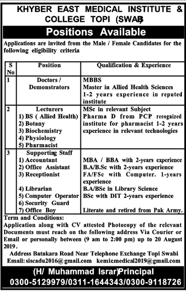 khyber east medical institute and college topi swabi latest jobs 2019