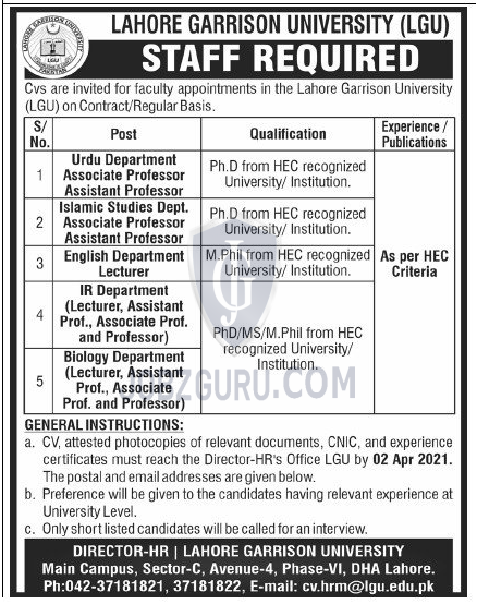 Lahore Garrison University Lgu Latest Jobs 2021 Advertisement Image Jobzguru