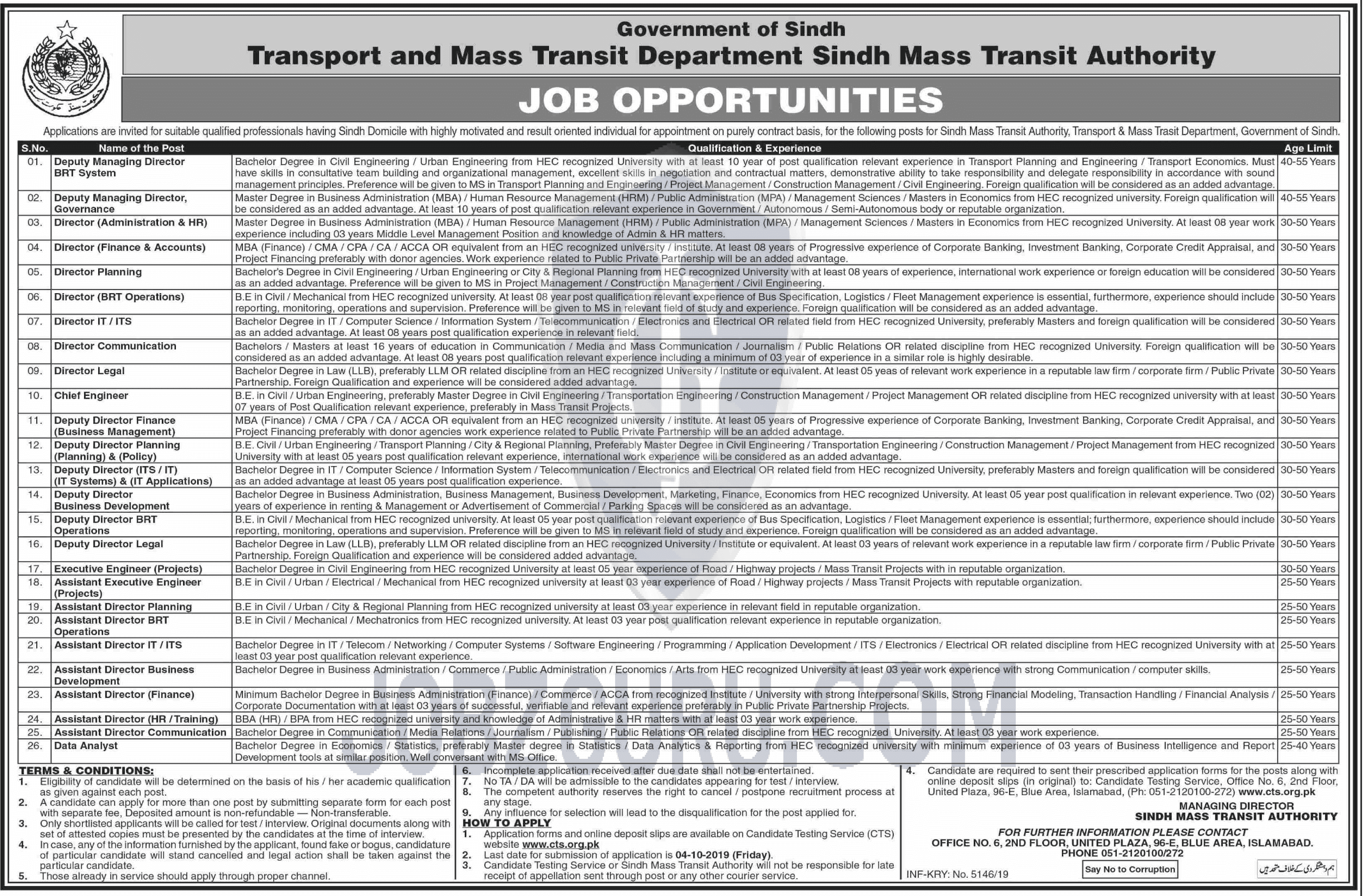 Transport and Mass Transit Department Sindh Jobs 2019-thumbnail